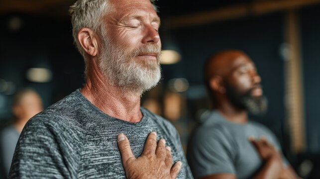 Men practicing mindfulness and breathing techniques during a relaxation session in a calm indoor environment