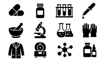 Obraz premium Medicine pharmaceutical lab icons bottles vector tubes mortar molecular icon reagent test