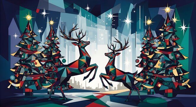 Two geometric reindeer rear up in celebration amid vibrant trees and a glowing cityscape—bold, modern, and joyfully festive.