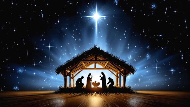 Nativity scene, a festive biblical story, a religious cartoon. A Christmas scene with twinkling stars and the bright Star of Bethlehem in the night sky.