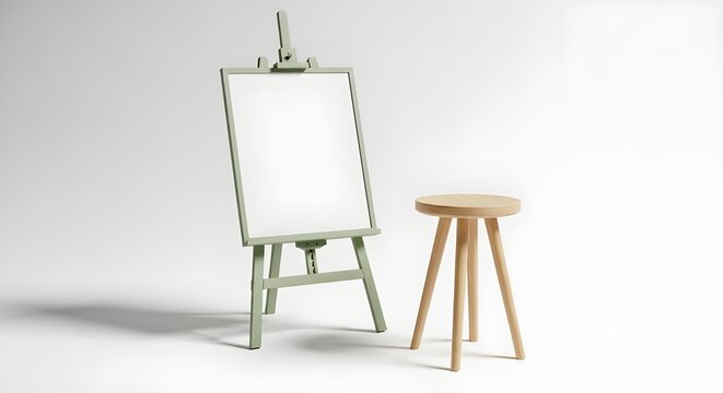 A light green easel with a blank canvas stands beside a simple wooden stool—minimalist, inviting, and ready for creativity.