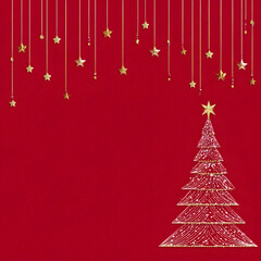 Graphic background for seasonal greeting in red with trees	