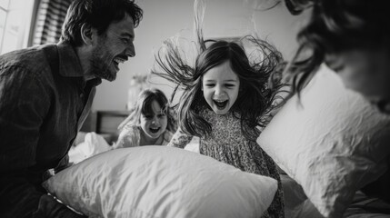 Family fun during a playful pillow fight in a cozy bedroom filled with laughter and joy