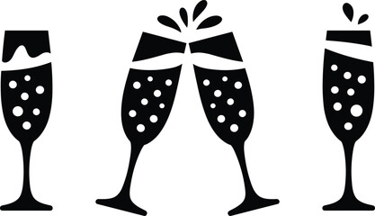 Black silhouette champagne glass set featuring clinking toasting flutes with splashes for wedding and New Year celebration