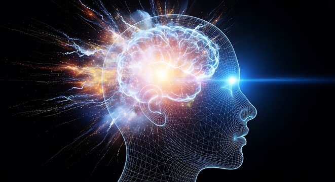 Abstract representation of a brain inside a wireframe head against a dark background