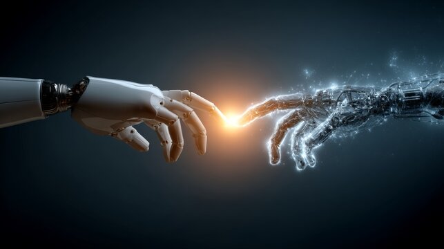 Connection between human hand and robotic hand highlighting the merging of technology and humanity in a futuristic setting