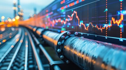 Industrial Infrastructure Connection Displaying Financial Graphs and Long Distance Pipeline Systems