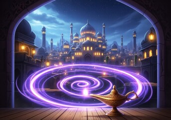 A magical golden lamp sits on a wooden surface, with a swirling purple vortex and a fantastical city skyline in the background at night