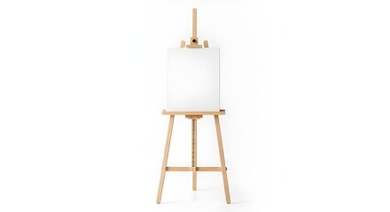 A wooden easel holds a blank white canvas, standing ready in a clean, minimalist space—quietly inviting artistic expression.