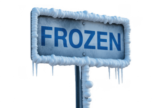 Frozen sign with icicles and snow isolated on a transparent background