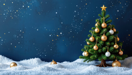 Christmas tree decorated with golden and white baubles stands snow with starry night sky background, festive and peaceful scene