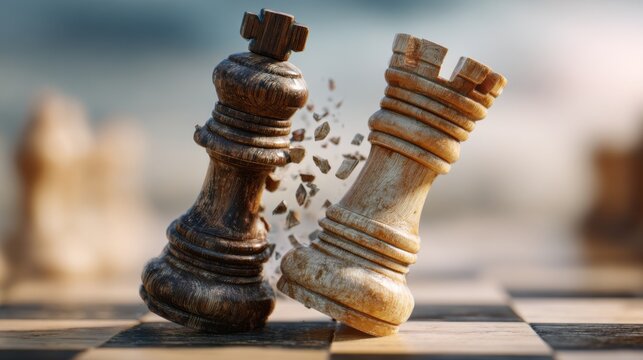 Two chess pieces clash on a board, symbolizing conflict and strategy in an intense game
