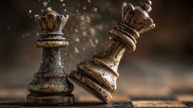Chess pieces clash in an intense moment of competition in a classic game setting