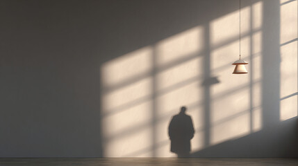 A minimalist space bathed in sunlight, with a person's shadow cast on the wall, highlighting architectural elements and creating an interplay of light and shadow