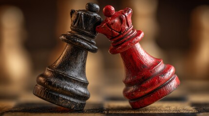 Intense chess match with black and red kings poised in a strategic standoff during an evening game