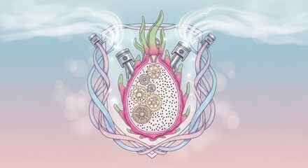 Obraz premium Hybrid fruit design incorporates mechanical elements within a soft, pastel background