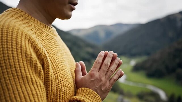 Peaceful person in yellow sweater clasping hands outdoors in nature