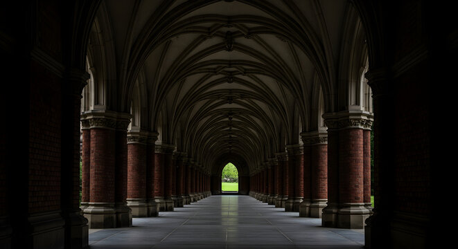 Symmetric view of a dark gothic brick arched hallway with vaulted ceiling