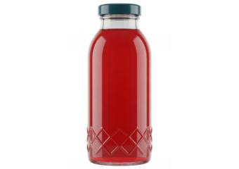 Glass bottle filled with red liquid and diamond pattern base isolated on a transparent background