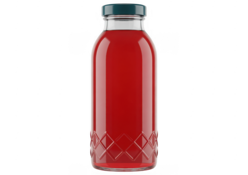 Glass bottle filled with red liquid and diamond pattern base isolated on a transparent background