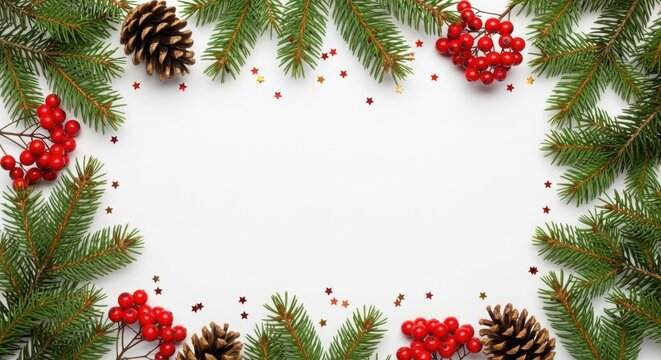 Festive christmas frame with fir branches, red berries, pinecones, and star confetti on white.