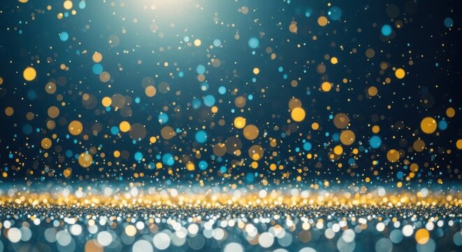 Sparkling golden blue bokeh lights on an abstract background, festive holiday celebration