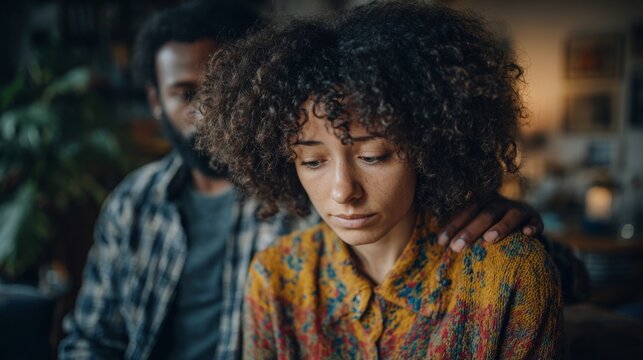 Couple experiences emotional moment while discussing personal issues in a cozy indoor setting