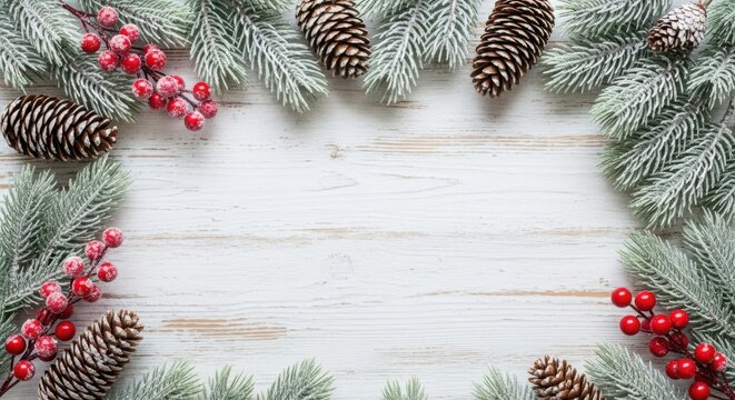 Winter holiday background with frosty fir branches, red berries, and natural pinecones on wood.