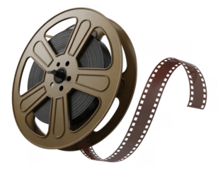 Golden film reel with brown celluloid tape isolated on a transparent background