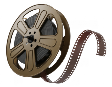 Golden film reel with brown celluloid tape isolated on a transparent background