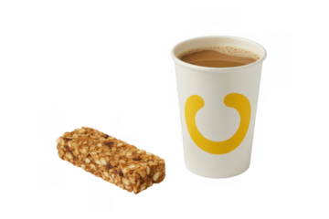 Granola bar and coffee cup with yellow symbol isolated on a transparent background