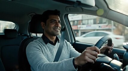 Smiling mature man safely driving his car through the city