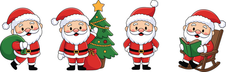 Cute cartoon Santa Claus character set featuring poses like walking waving and reading for festive winter holiday design