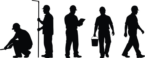 Obraz premium Professional Construction Workers Silhouette Collection: Diverse Builders and Engineers in Safety Gear, Working, Surveying, Planning, Walking, and Carrying Equipment for Housing
