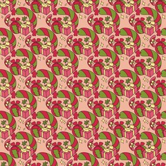 Seamless Christmas pattern with gift boxes and stars, unusual style in a combination of warm colors, suitable for wrapping paper, textiles and holiday prints, wallpaper 
