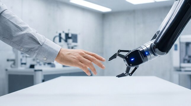 Adult hand in light gray shirt reaching toward robotic arm with blue light in bright tech studio - Powered by Adobe