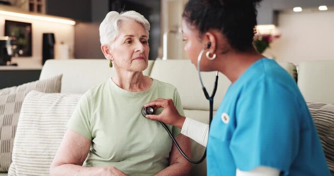 Stethoscope, caregiver or senior woman on sofa for medical evaluation, breathe or listen to heart rate. Retirement, exhale or people in nursing home for health check, lung function assessment or tool - Powered by Adobe