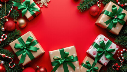 Festively decorated Christmas gifts with green ribbons and pine branches on red background create joyful holiday spirit