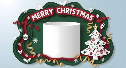 A christmas themed background with a white cylinder, tree, and merry christmas text
