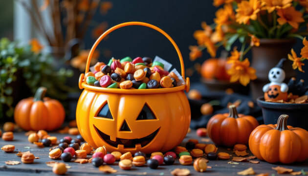 Halloween pumpkin bucket filled with colorful candy and surrounded by small pumpkins and autumn flowers - Powered by Adobe