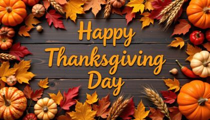 Happy Thanksgiving Day greeting with autumn leaves, pumpkins, and wheat on wooden background