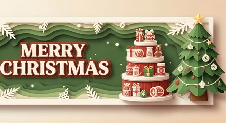 Merry christmas layered paper art with tree gifts and festive holiday decorations scene
