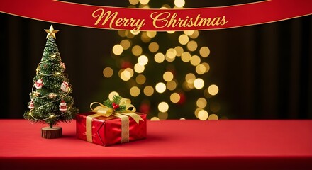 A christmas scene with a small tree, gift, and merry christmas banner on a red table