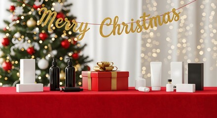 Christmas themed display of cosmetic products and a gift box on a red table cloth