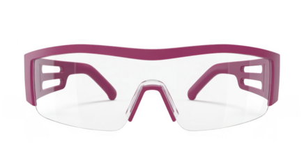 Magenta safety glasses with clear lenses and nose piece isolated on a transparent background