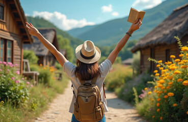Young woman with backpack holds open book in rural village surrounded by mountains. She celebrates freedom and nature on a sunny day. Lots of flowers and rustic houses.
