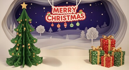 A christmas scene with a tree, gifts, and a merry christmas sign in a paper landscape