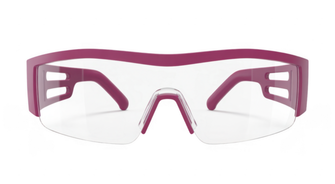 Magenta safety glasses with clear lenses and nose piece isolated on a transparent background
