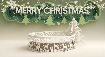 Merry christmas display with paper cutouts and christmas tree decorations on a light background