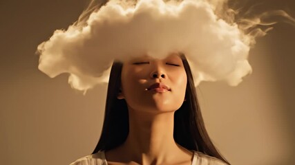Conceptual video showing an asian woman with her head in a cloud that slowly evaporates, symbolizing mental burnout, digital chaos, information overload, and the process of finding mental clarity - Powered by Adobe